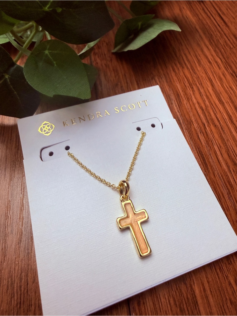 Kendra Scott Gold Cross Necklace with Peach Inlay